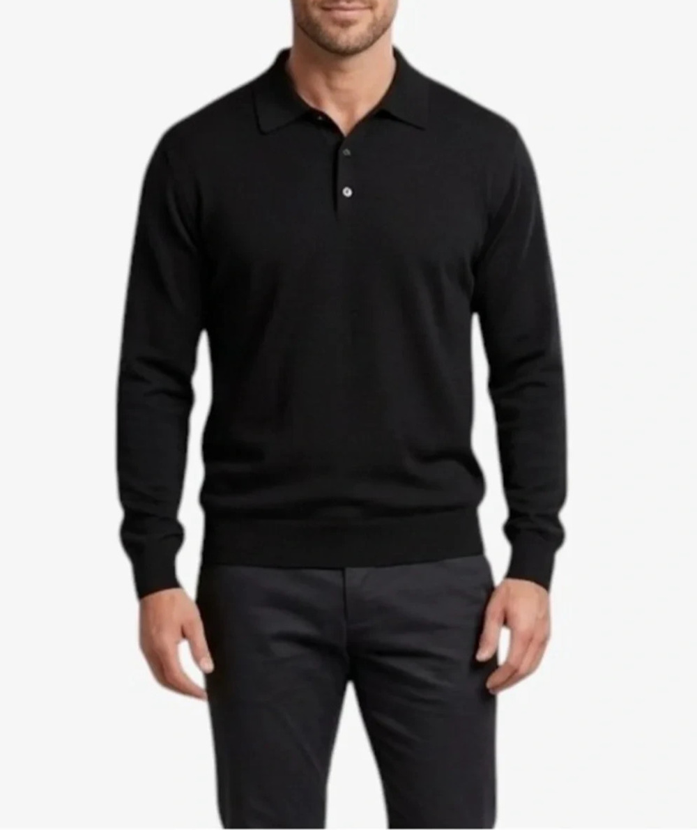 Cortina Italia Men's 100% Merino Wool Long Sleeve Polo Sweater Black L A010558